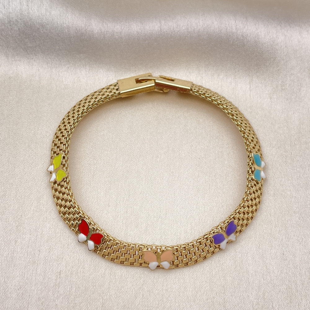 Oro Laminado Fancy Bracelet, Gold Filled Style Butterfly and Bismark Design, Multicolor Enamel Finish, Golden Finish