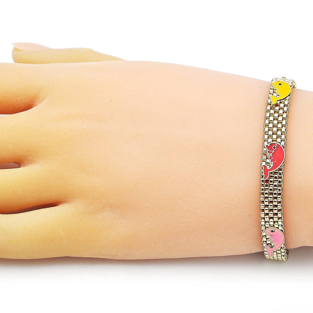 Oro Laminado Fancy Bracelet, Gold Filled Style Dolphin and Bismark Design, Multicolor Enamel Finish, Golden Finish