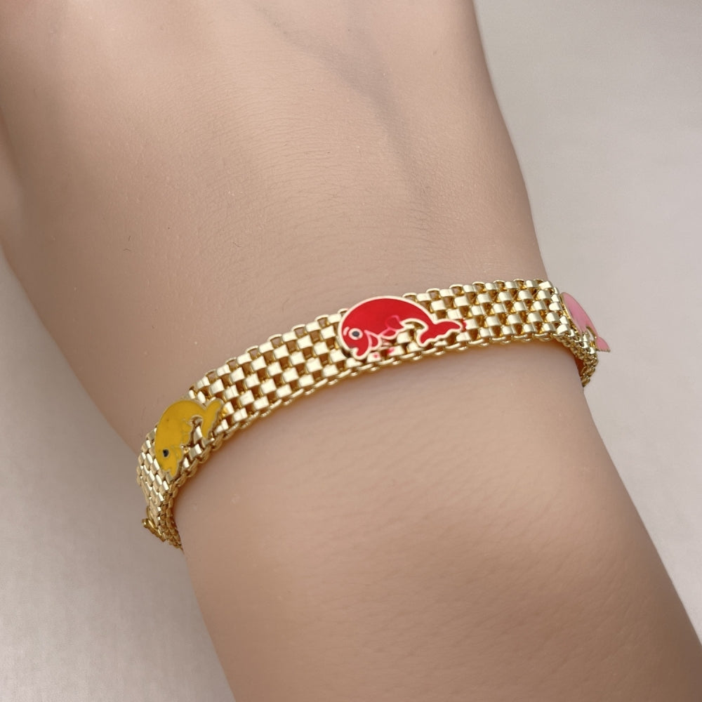 Oro Laminado Fancy Bracelet, Gold Filled Style Dolphin and Bismark Design, Multicolor Enamel Finish, Golden Finish