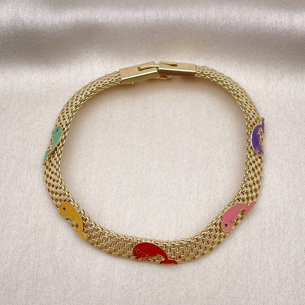 Oro Laminado Fancy Bracelet, Gold Filled Style Dolphin and Bismark Design, Multicolor Enamel Finish, Golden Finish