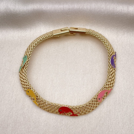 Oro Laminado Fancy Bracelet, Gold Filled Style Dolphin and Bismark Design, Multicolor Enamel Finish, Golden Finish