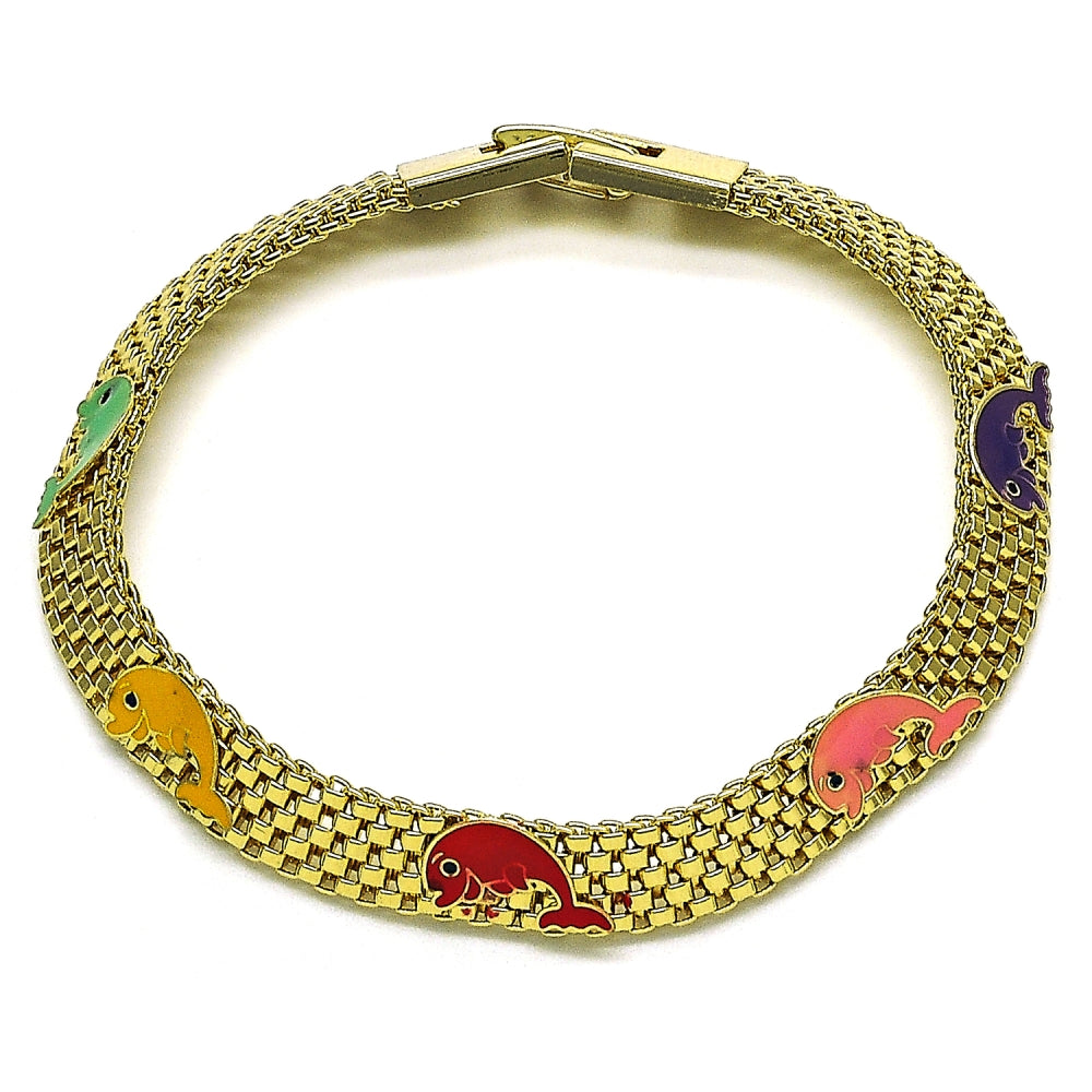 Oro Laminado Fancy Bracelet, Gold Filled Style Dolphin and Bismark Design, Multicolor Enamel Finish, Golden Finish