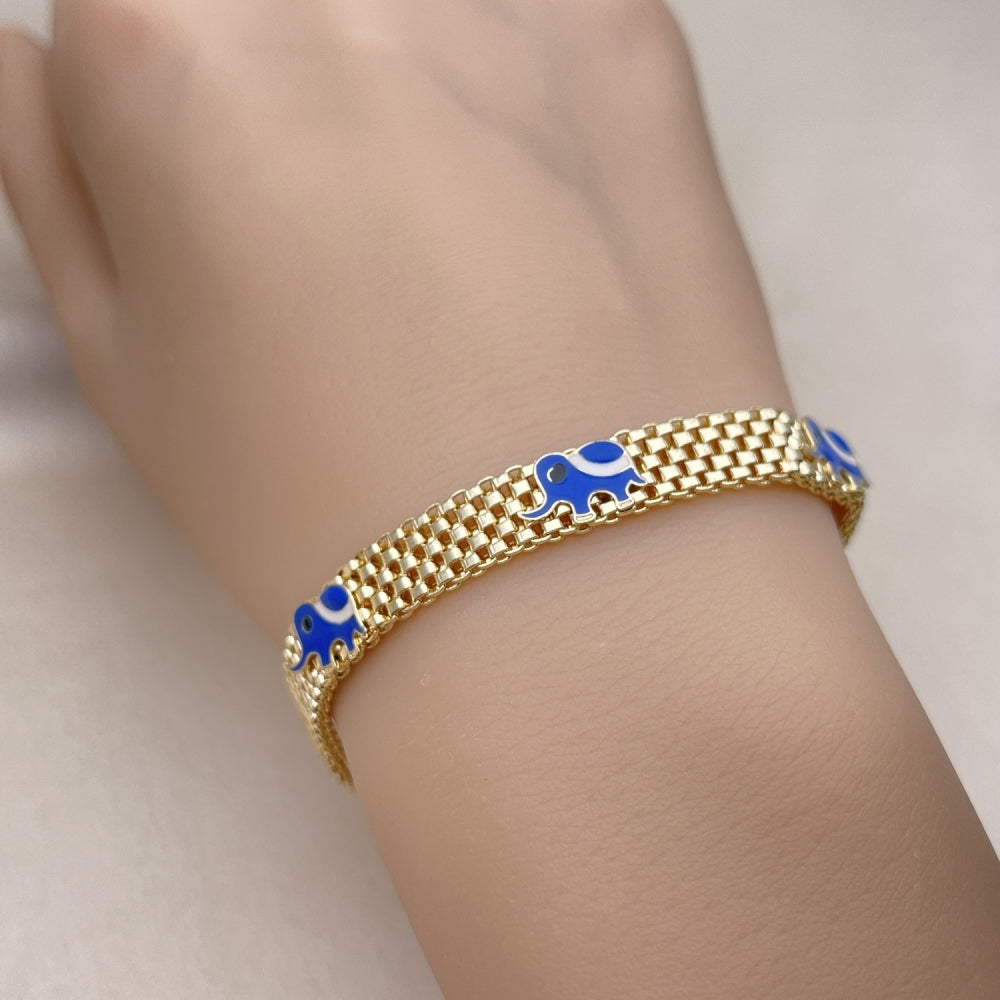 Oro Laminado Fancy Bracelet, Gold Filled Style Elephant and Bismark Design, Blue Enamel Finish, Golden Finish