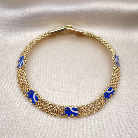 Oro Laminado Fancy Bracelet, Gold Filled Style Elephant and Bismark Design, Blue Enamel Finish, Golden Finish
