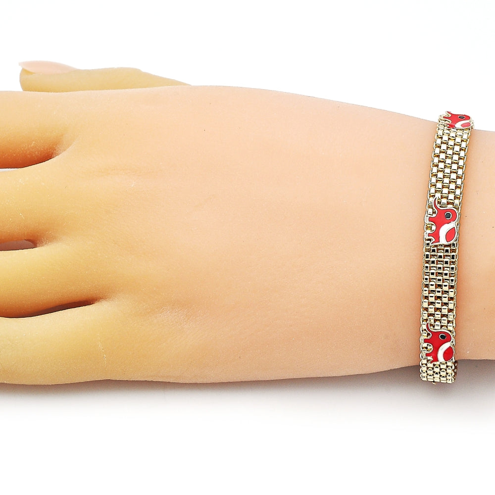 Oro Laminado Fancy Bracelet, Gold Filled Style Elephant and Bismark Design, Red Enamel Finish, Golden Finish