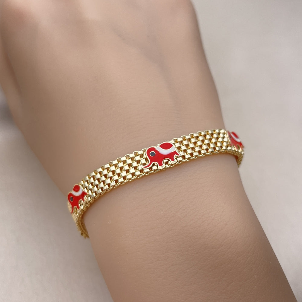 Oro Laminado Fancy Bracelet, Gold Filled Style Elephant and Bismark Design, Red Enamel Finish, Golden Finish