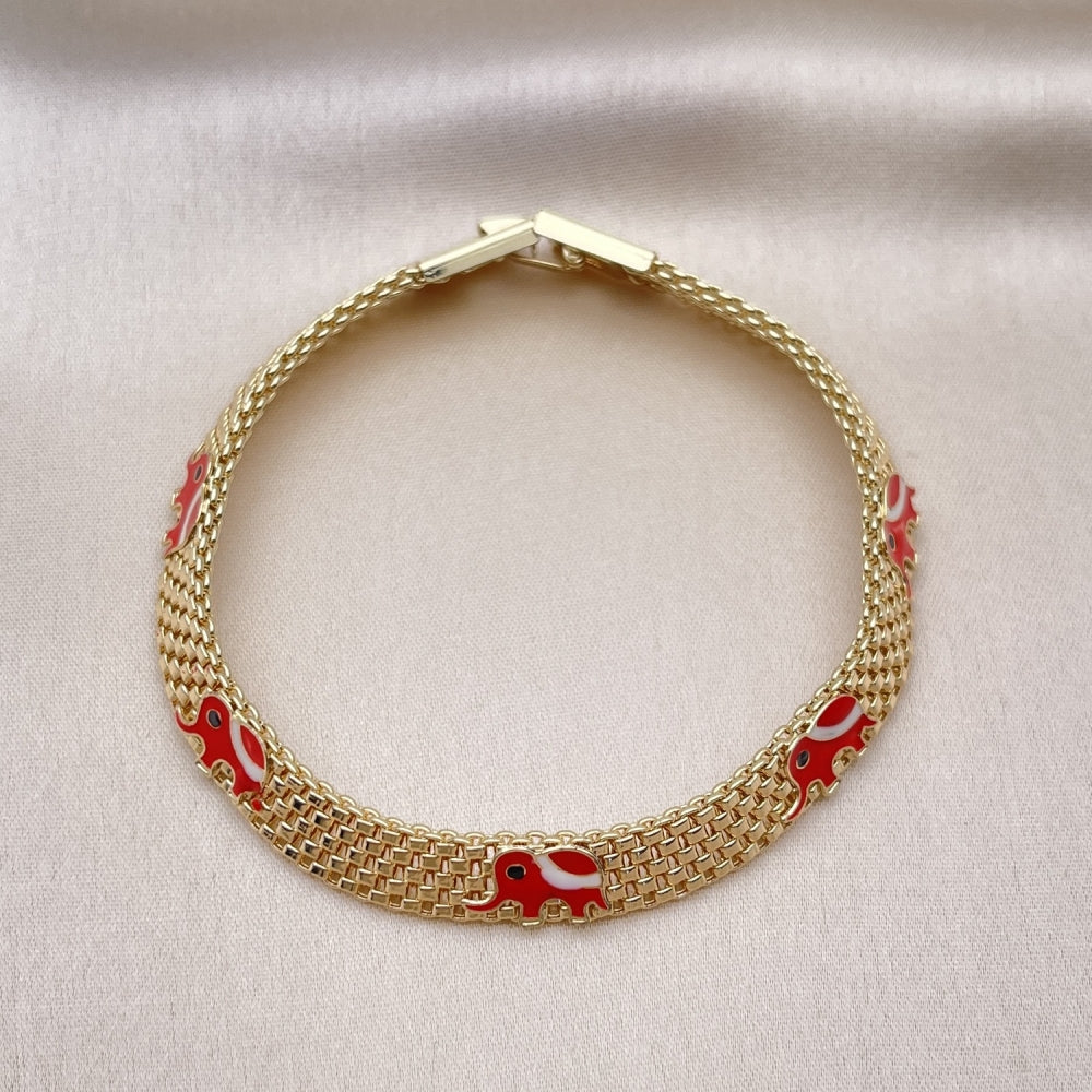 Oro Laminado Fancy Bracelet, Gold Filled Style Elephant and Bismark Design, Red Enamel Finish, Golden Finish