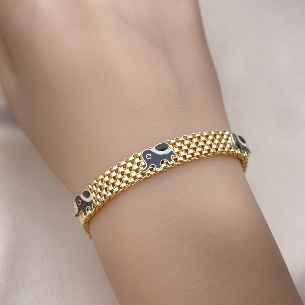 Oro Laminado Fancy Bracelet, Gold Filled Style Elephant and Bismark Design, Black Enamel Finish, Golden Finish