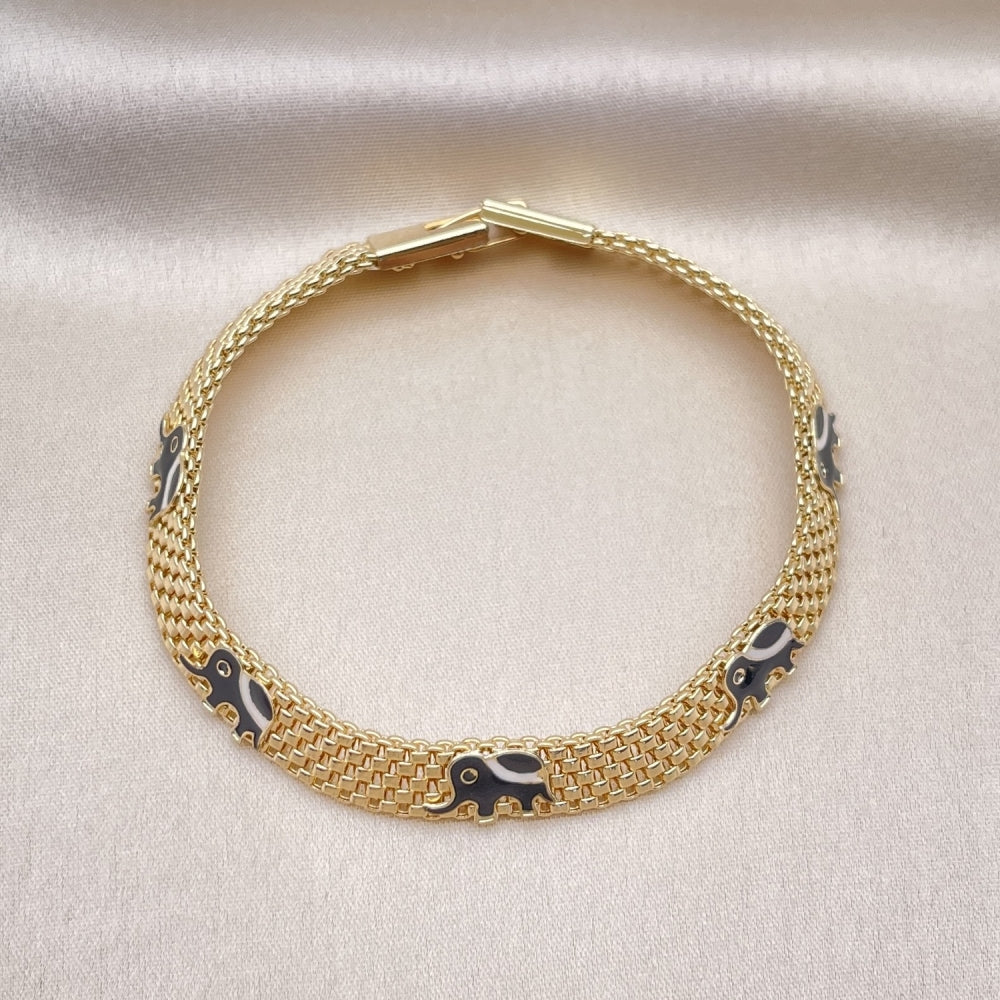 Oro Laminado Fancy Bracelet, Gold Filled Style Elephant and Bismark Design, Black Enamel Finish, Golden Finish