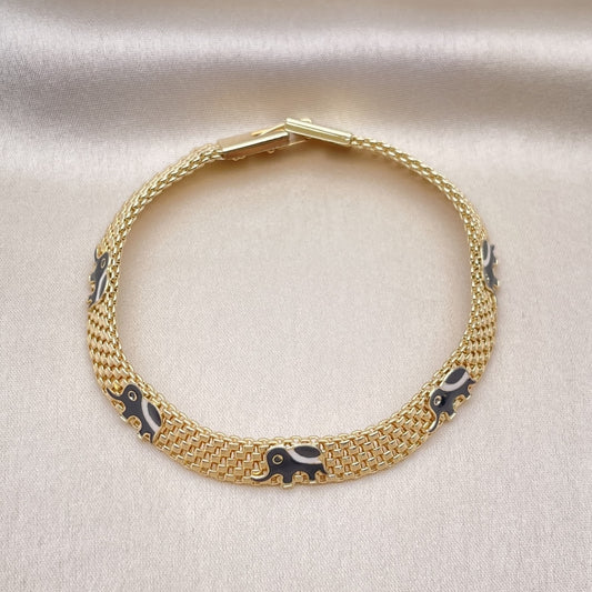Oro Laminado Fancy Bracelet, Gold Filled Style Elephant and Bismark Design, Black Enamel Finish, Golden Finish