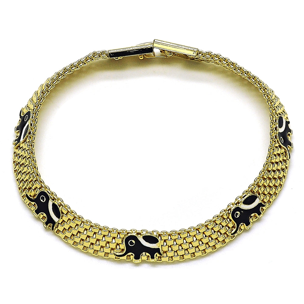 Oro Laminado Fancy Bracelet, Gold Filled Style Elephant and Bismark Design, Black Enamel Finish, Golden Finish