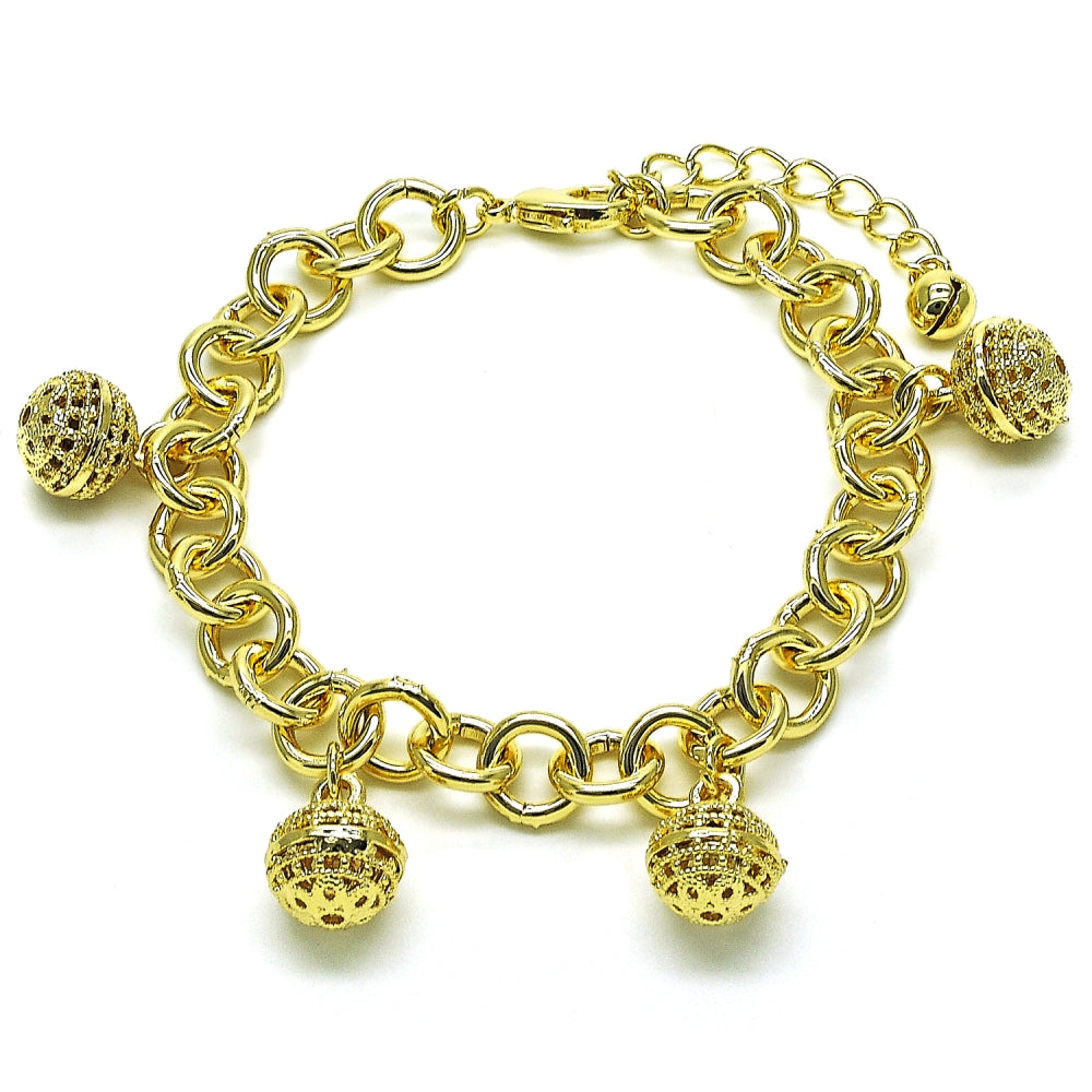 Oro Laminado Charm Bracelet, Gold Filled Style Rolo Design, Polished, Golden Finish