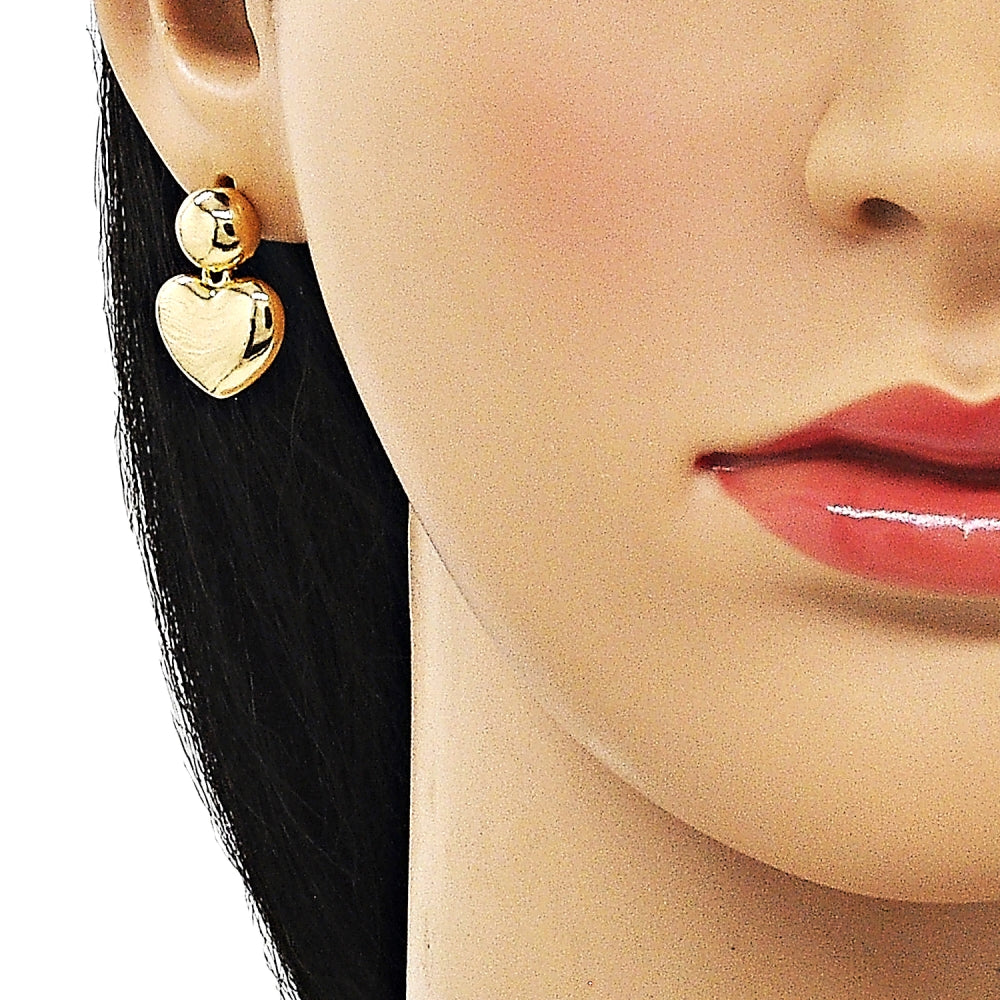 Oro Laminado Stud Earring, Gold Filled Style Heart and Ball Design, Polished, Golden Finish