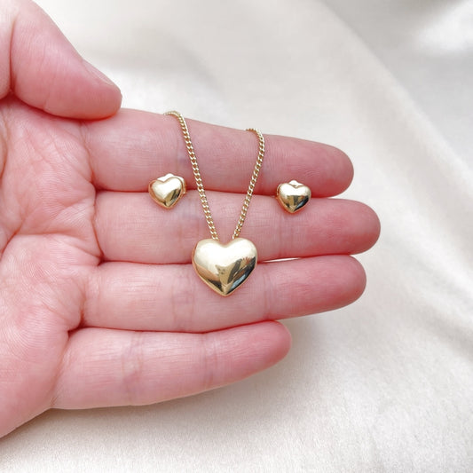Oro Laminado Earring and Pendant Adult Set, Gold Filled Style Heart Design, Polished, Golden Finish