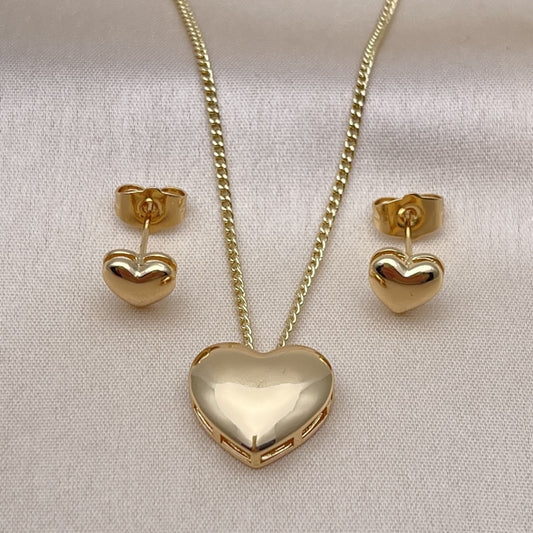 Oro Laminado Earring and Pendant Adult Set, Gold Filled Style Heart Design, Polished, Golden Finish