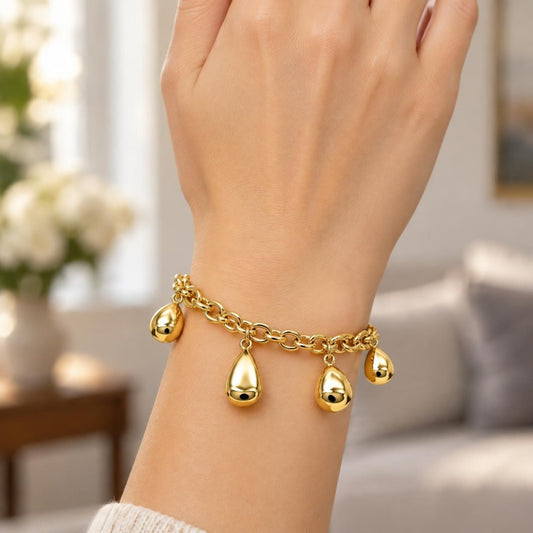 Oro Laminado Charm Bracelet, Gold Filled Style Teardrop and Rolo Design, Polished, Golden Finish