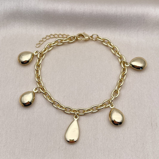 Oro Laminado Charm Bracelet, Gold Filled Style Teardrop and Rolo Design, Polished, Golden Finish