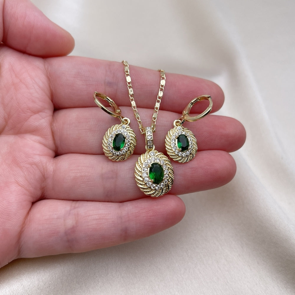 Oro Laminado Earring and Pendant Adult Set, Gold Filled Style with Green Cubic Zirconia and White Micro Pave, Polished, Golden Finish