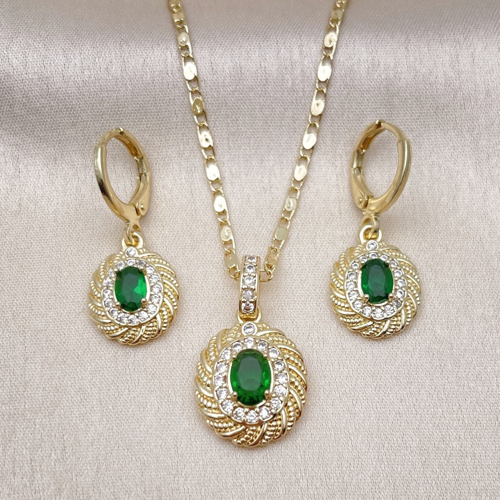 Oro Laminado Earring and Pendant Adult Set, Gold Filled Style with Green Cubic Zirconia and White Micro Pave, Polished, Golden Finish