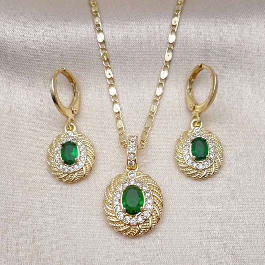 Oro Laminado Earring and Pendant Adult Set, Gold Filled Style with Green Cubic Zirconia and White Micro Pave, Polished, Golden Finish