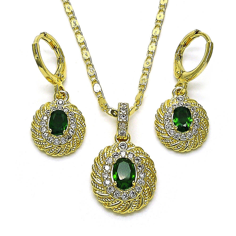 Oro Laminado Earring and Pendant Adult Set, Gold Filled Style with Green Cubic Zirconia and White Micro Pave, Polished, Golden Finish