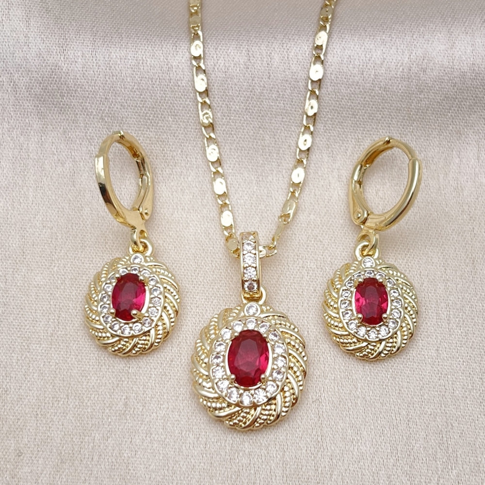 Oro Laminado Earring and Pendant Adult Set, Gold Filled Style with Ruby Cubic Zirconia and White Micro Pave, Polished, Golden Finish