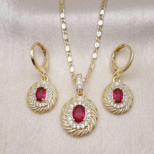 Oro Laminado Earring and Pendant Adult Set, Gold Filled Style with Ruby Cubic Zirconia and White Micro Pave, Polished, Golden Finish