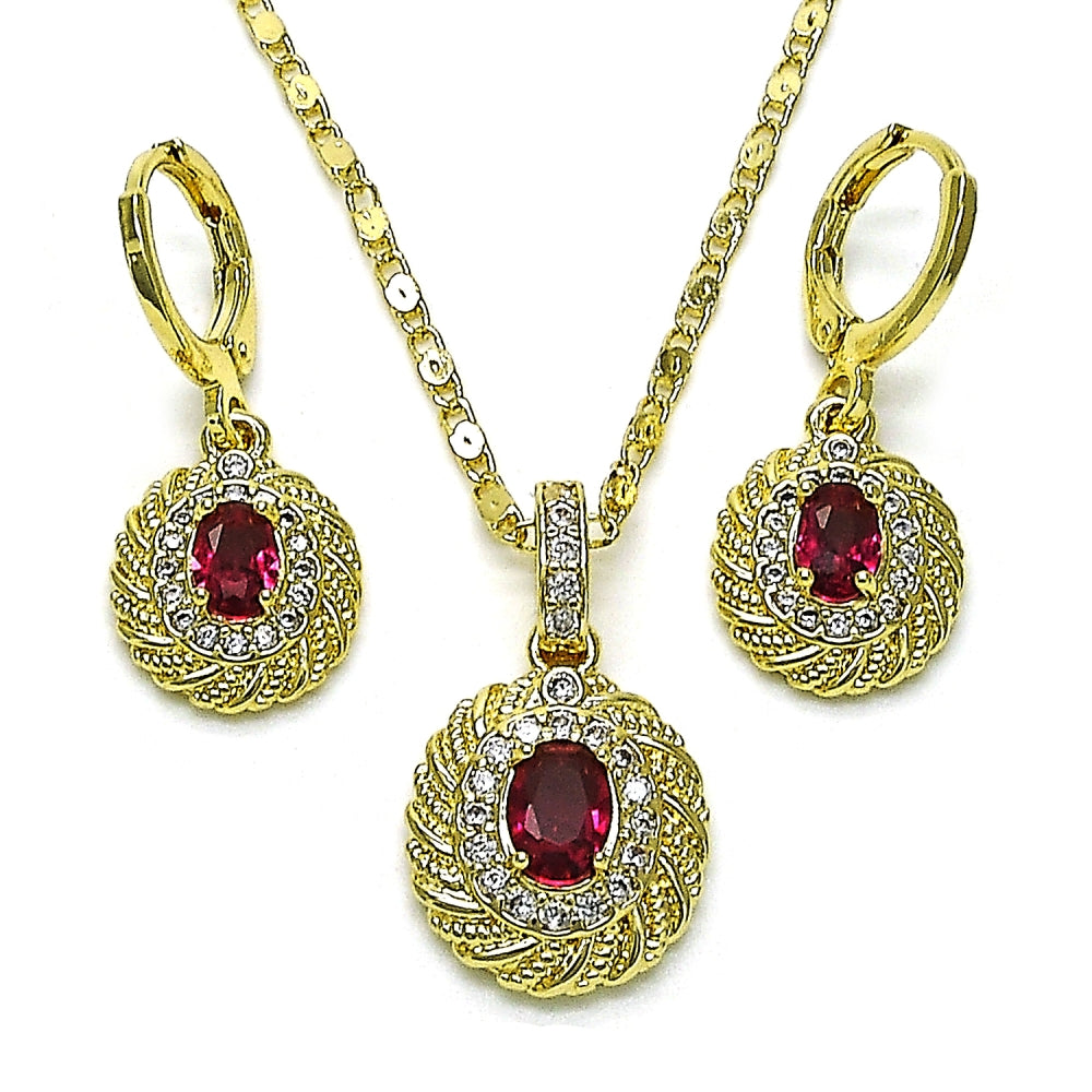 Oro Laminado Earring and Pendant Adult Set, Gold Filled Style with Ruby Cubic Zirconia and White Micro Pave, Polished, Golden Finish