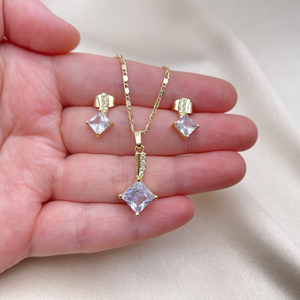 Oro Laminado Earring and Pendant Adult Set, Gold Filled Style with White Micro Pave and White Cubic Zirconia, Polished, Golden Finish