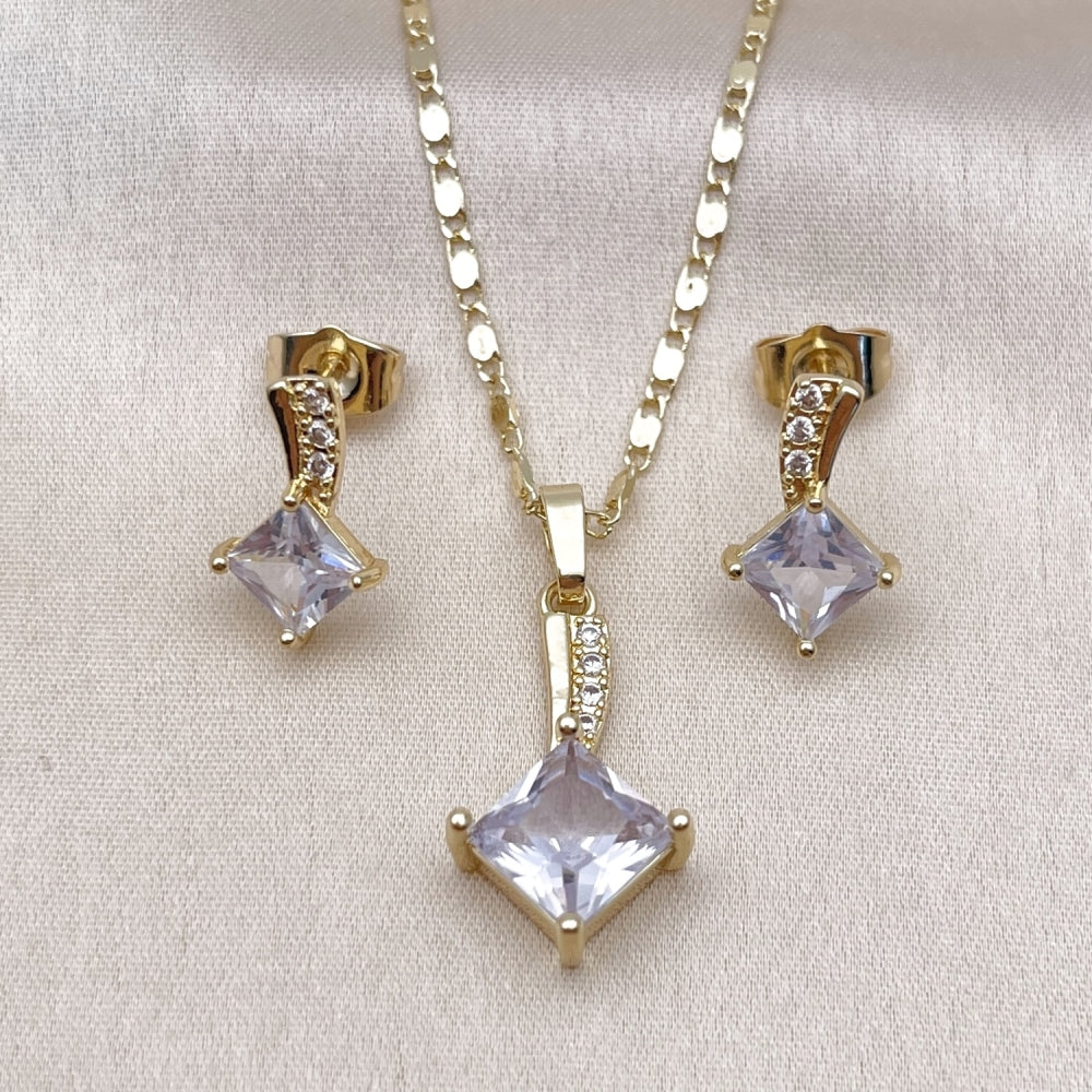 Oro Laminado Earring and Pendant Adult Set, Gold Filled Style with White Micro Pave and White Cubic Zirconia, Polished, Golden Finish