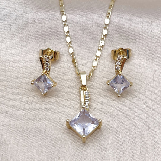 Oro Laminado Earring and Pendant Adult Set, Gold Filled Style with White Micro Pave and White Cubic Zirconia, Polished, Golden Finish