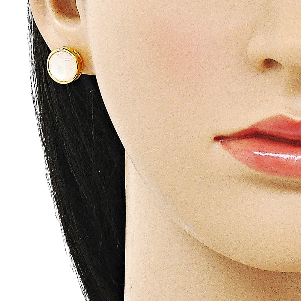 Oro Laminado Stud Earring, Gold Filled Style Ball Design, with White Opal, Polished, Golden Finish