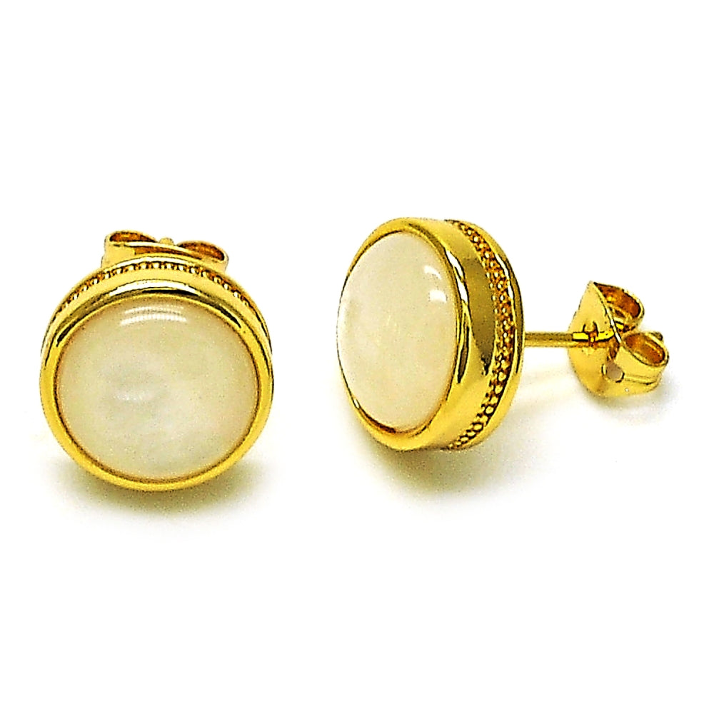 Oro Laminado Stud Earring, Gold Filled Style Ball Design, with White Opal, Polished, Golden Finish