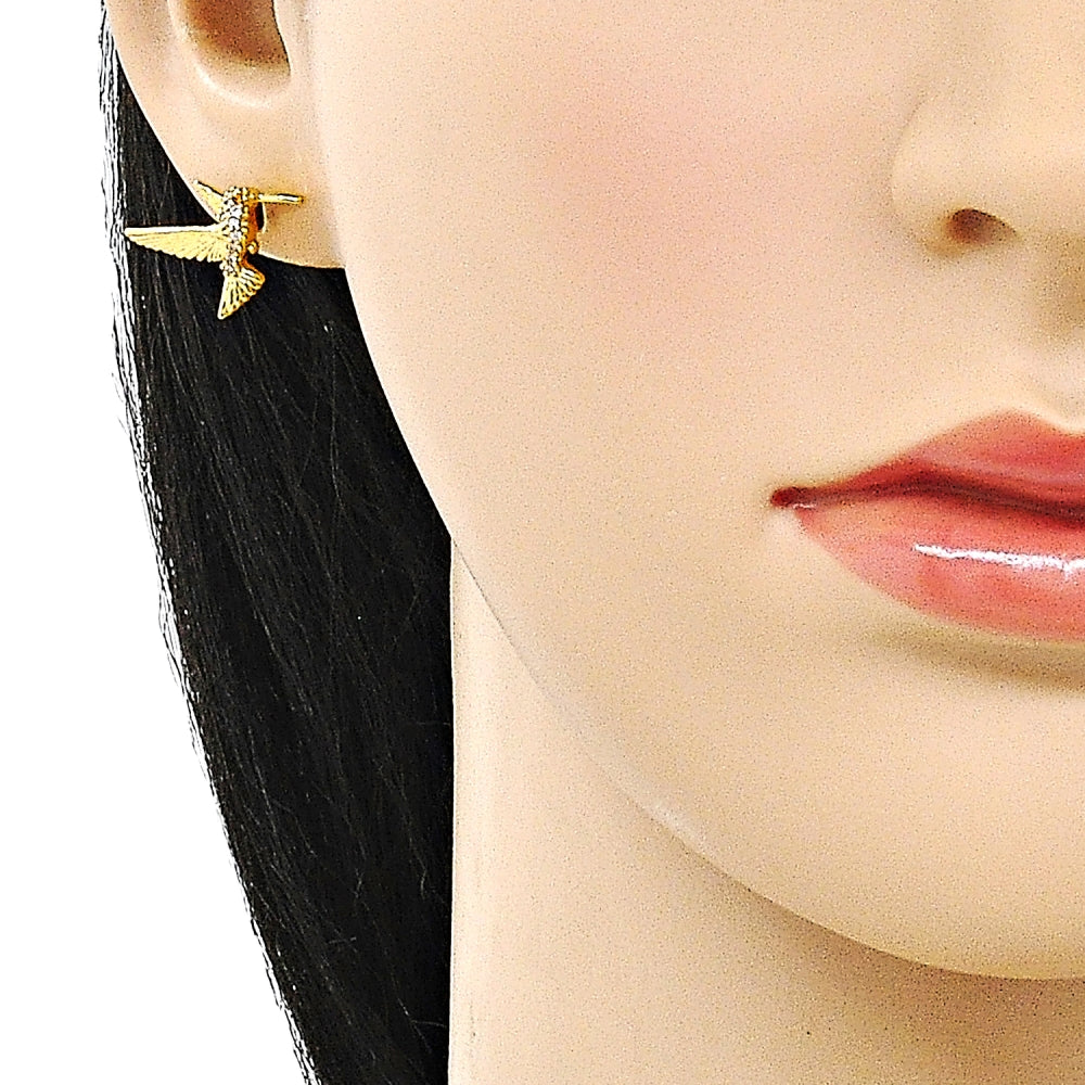 Oro Laminado Stud Earring, Gold Filled Style Bird Design, with White Micro Pave, Polished, Golden Finish