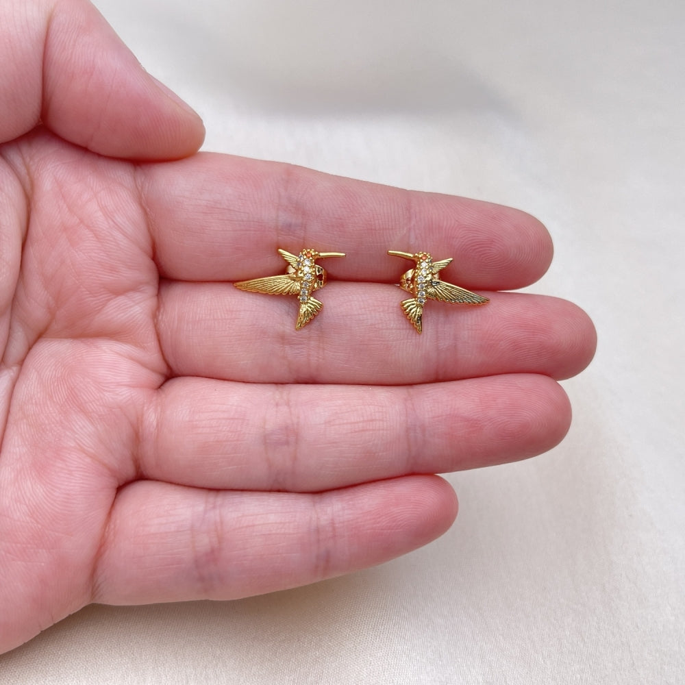 Oro Laminado Stud Earring, Gold Filled Style Bird Design, with White Micro Pave, Polished, Golden Finish