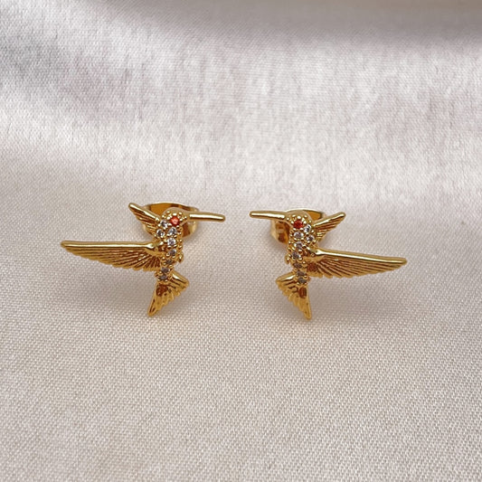Oro Laminado Stud Earring, Gold Filled Style Bird Design, with White Micro Pave, Polished, Golden Finish