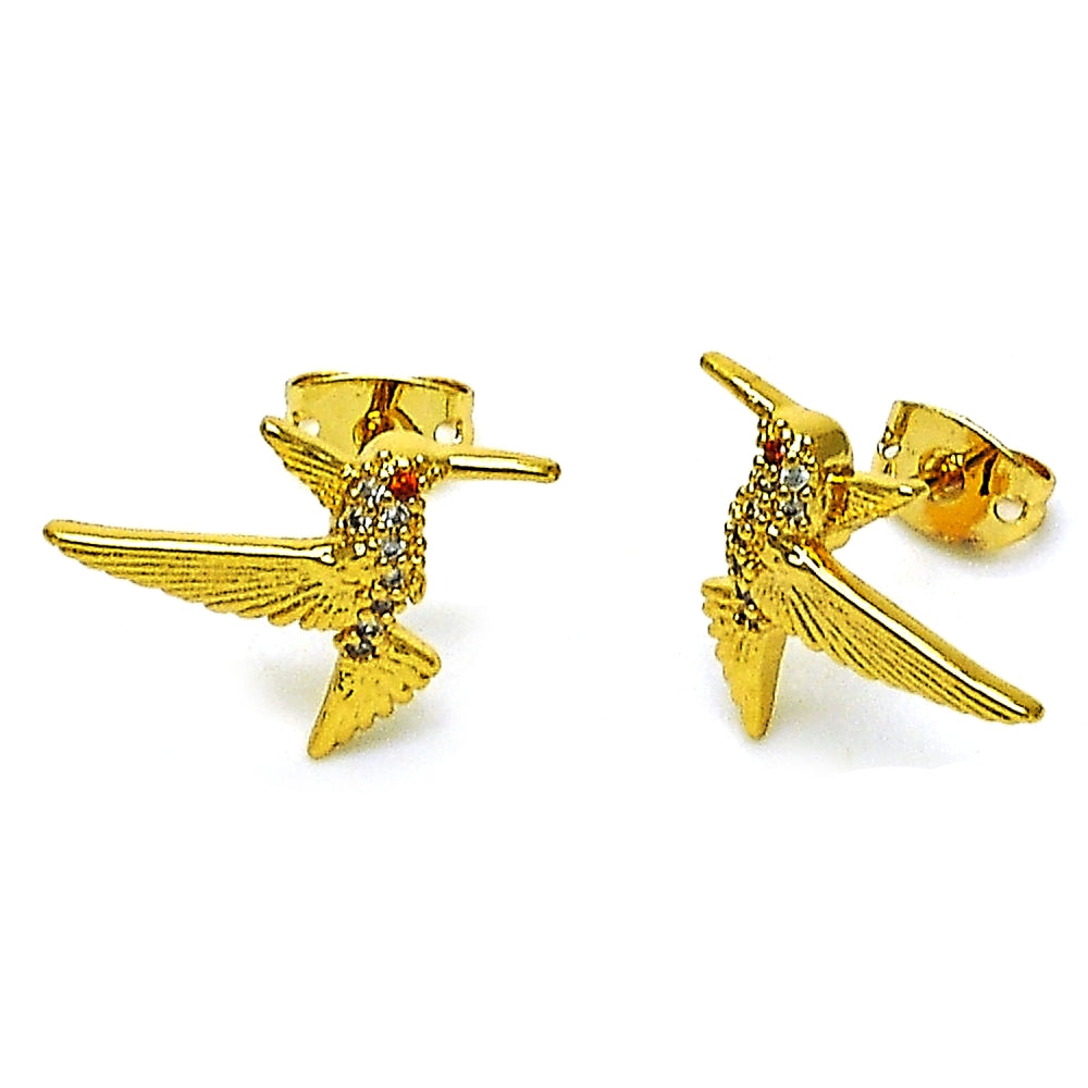 Oro Laminado Stud Earring, Gold Filled Style Bird Design, with White Micro Pave, Polished, Golden Finish