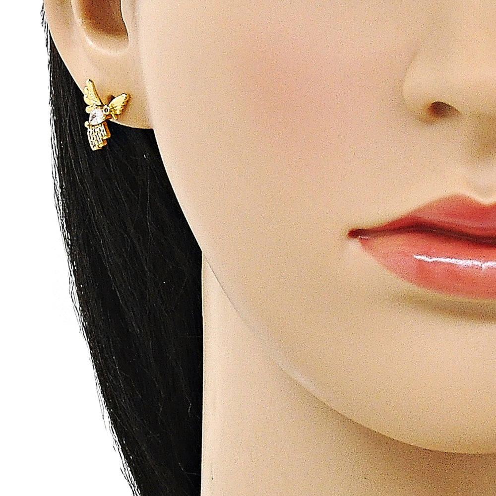 Oro Laminado Stud Earring, Gold Filled Style Bird Design, with White Cubic Zirconia and White Micro Pave, Polished, Golden Finish