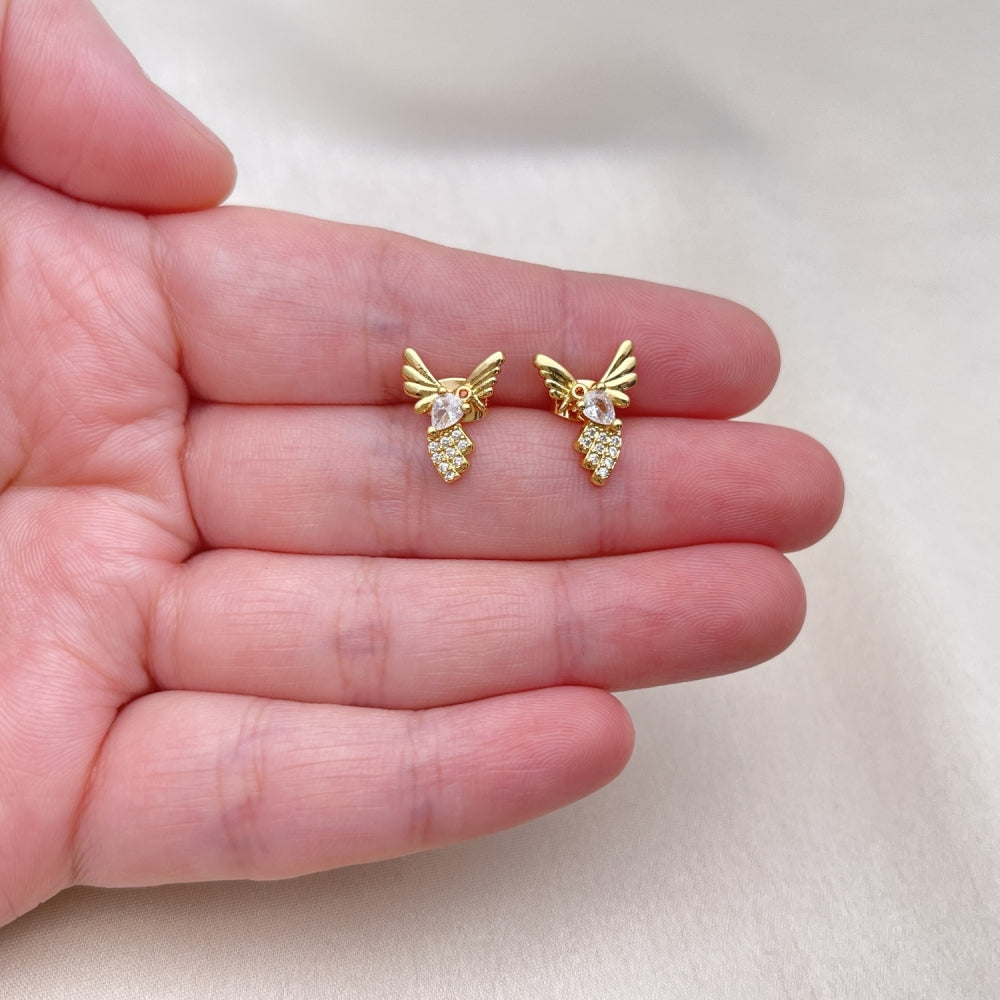 Oro Laminado Stud Earring, Gold Filled Style Bird Design, with White Cubic Zirconia and White Micro Pave, Polished, Golden Finish