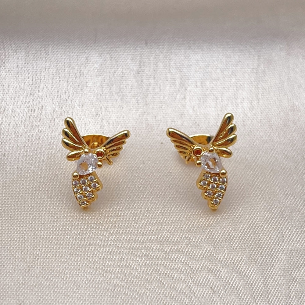 Oro Laminado Stud Earring, Gold Filled Style Bird Design, with White Cubic Zirconia and White Micro Pave, Polished, Golden Finish
