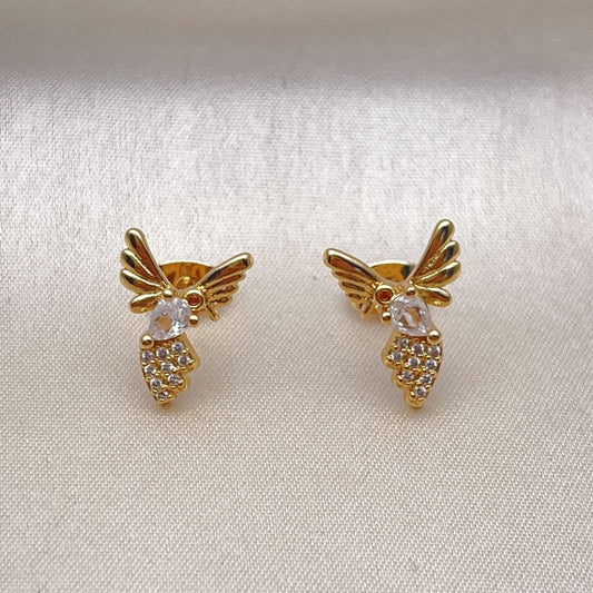Oro Laminado Stud Earring, Gold Filled Style Bird Design, with White Cubic Zirconia and White Micro Pave, Polished, Golden Finish