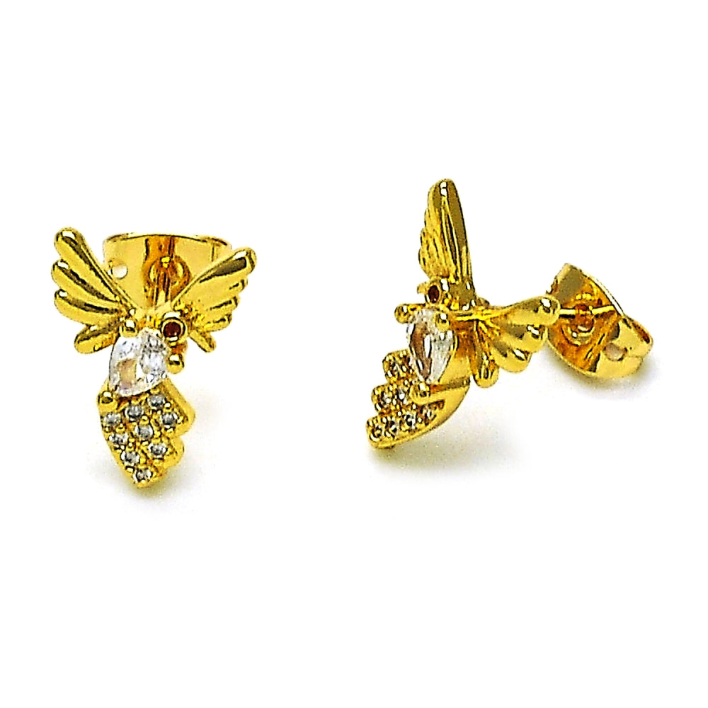 Oro Laminado Stud Earring, Gold Filled Style Bird Design, with White Cubic Zirconia and White Micro Pave, Polished, Golden Finish