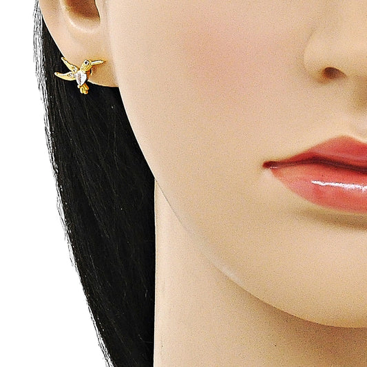 Oro Laminado Stud Earring, Gold Filled Style Bird Design, with White Cubic Zirconia and White Micro Pave, Polished, Golden Finish
