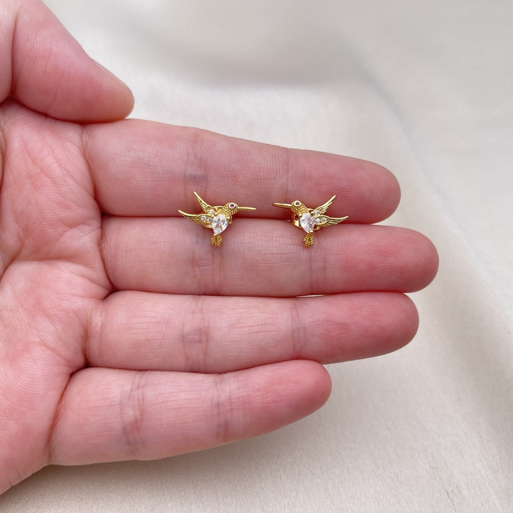 Oro Laminado Stud Earring, Gold Filled Style Bird Design, with White Cubic Zirconia and White Micro Pave, Polished, Golden Finish