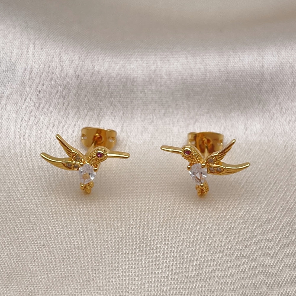 Oro Laminado Stud Earring, Gold Filled Style Bird Design, with White Cubic Zirconia and White Micro Pave, Polished, Golden Finish