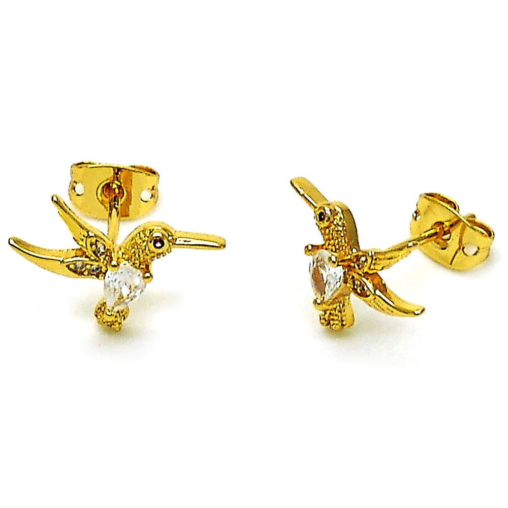 Oro Laminado Stud Earring, Gold Filled Style Bird Design, with White Cubic Zirconia and White Micro Pave, Polished, Golden Finish