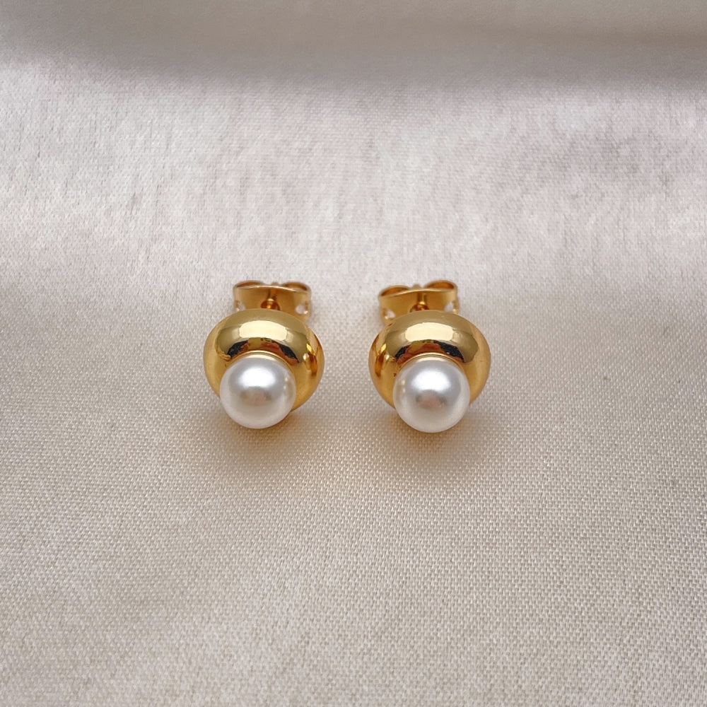 Oro Laminado Stud Earring, Gold Filled Style Ball Design, with Ivory Pearl, Polished, Golden Finish