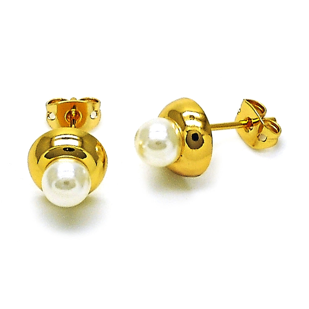 Oro Laminado Stud Earring, Gold Filled Style Ball Design, with Ivory Pearl, Polished, Golden Finish