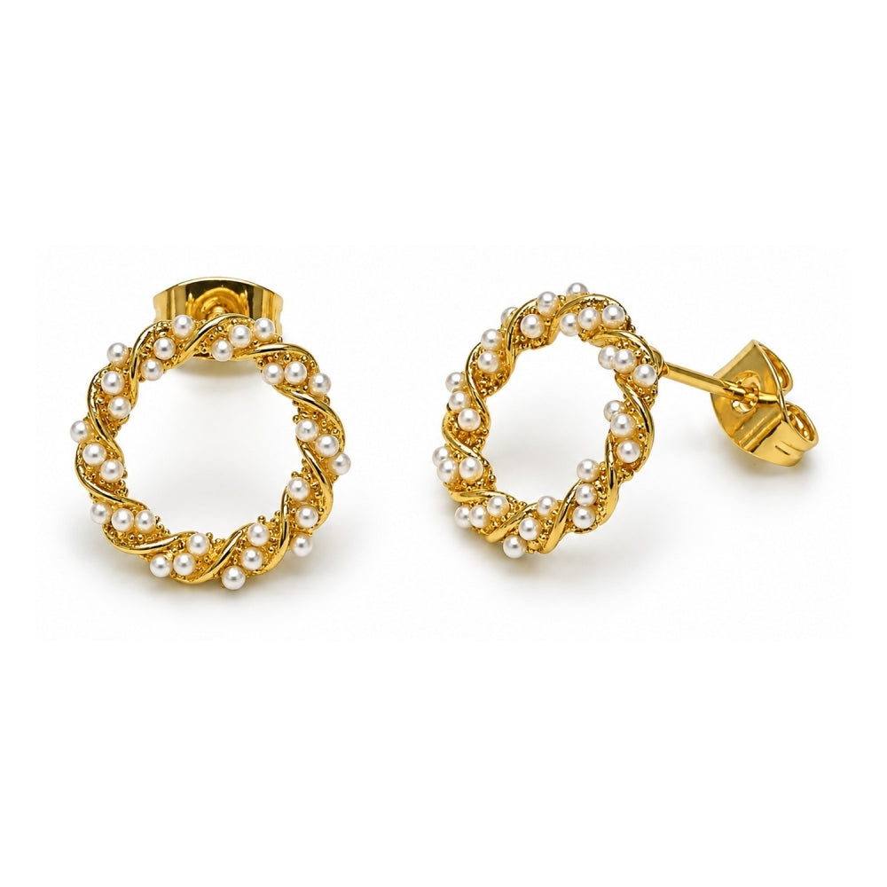 Oro Laminado Stud Earring, Gold Filled Style Twist Design, with Ivory Pearl, Polished, Golden Finish