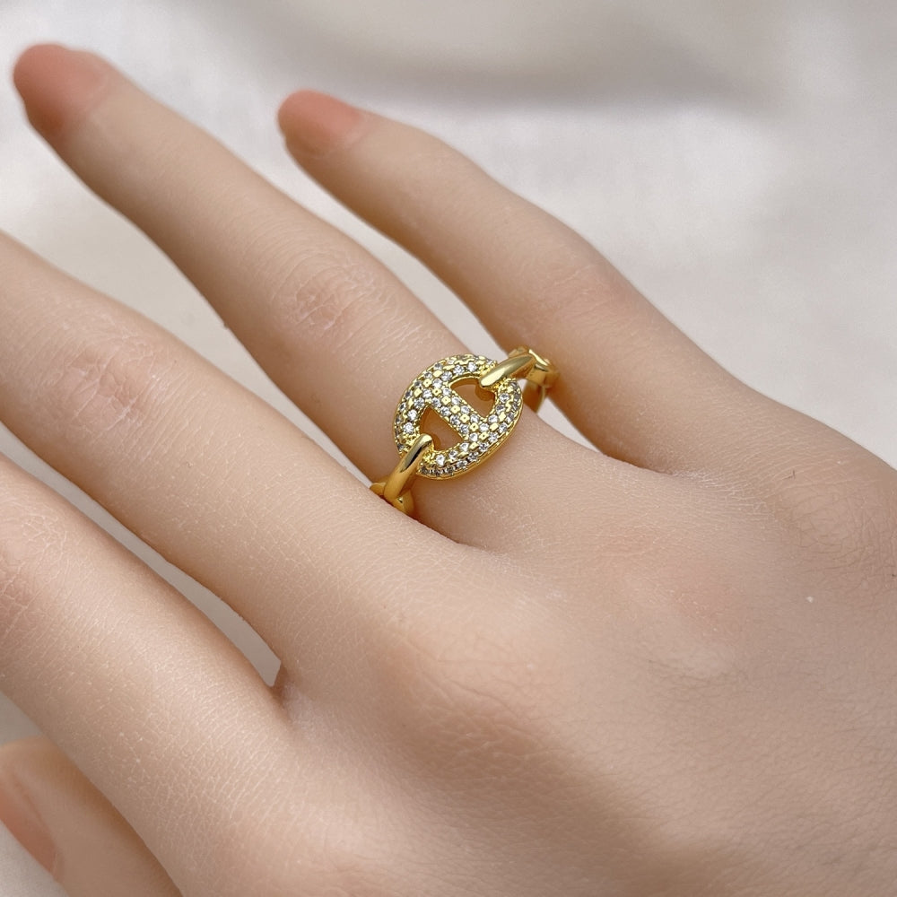 Oro Laminado Multi Stone Ring, Gold Filled Style Puff Mariner Design, with White Micro Pave, Polished, Golden Finish
